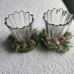 Handmade Vintage Glass Votive Candle Holders with Green and Red Accents